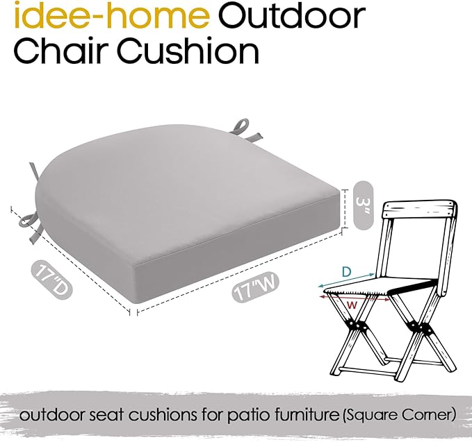 idee-home Outdoor Chair Cushions Set of 2, Thick 17" x 17" x 3" Outdoor Seat Cushion Patio Furniture Waterproof with Ties, Patio Chair Pads Dining Silver Grey
