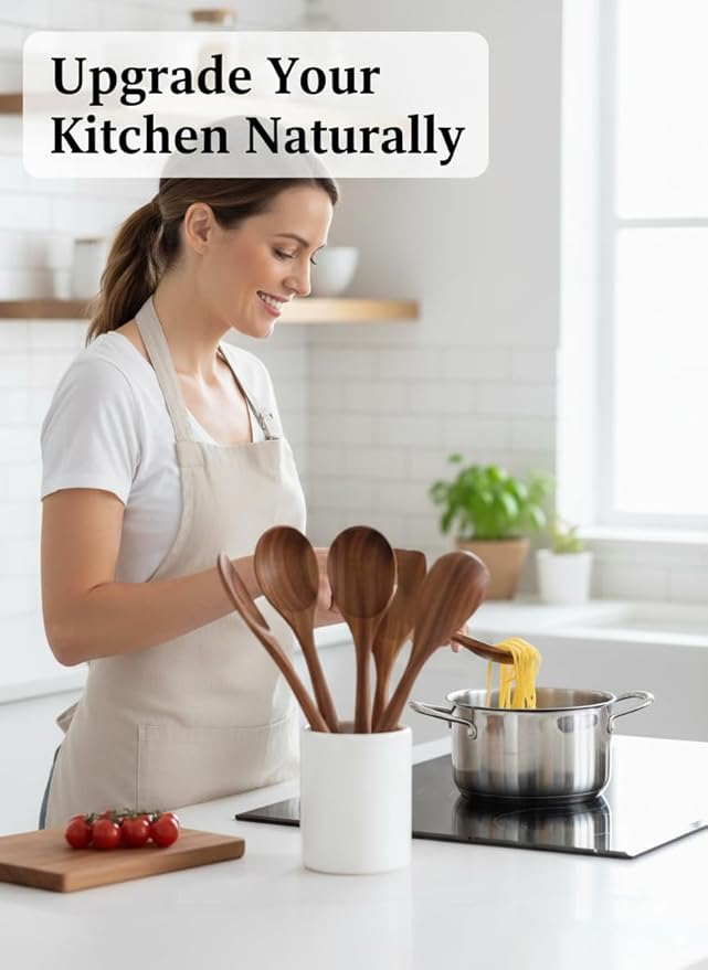 100% Natural Teak Wood Wooden Utensil Set – 6 Pcs Durable Kitchen Spoons for Cooking – Non-Stick & Heat Resistant, Eco-Friendly & Comfortable Grip