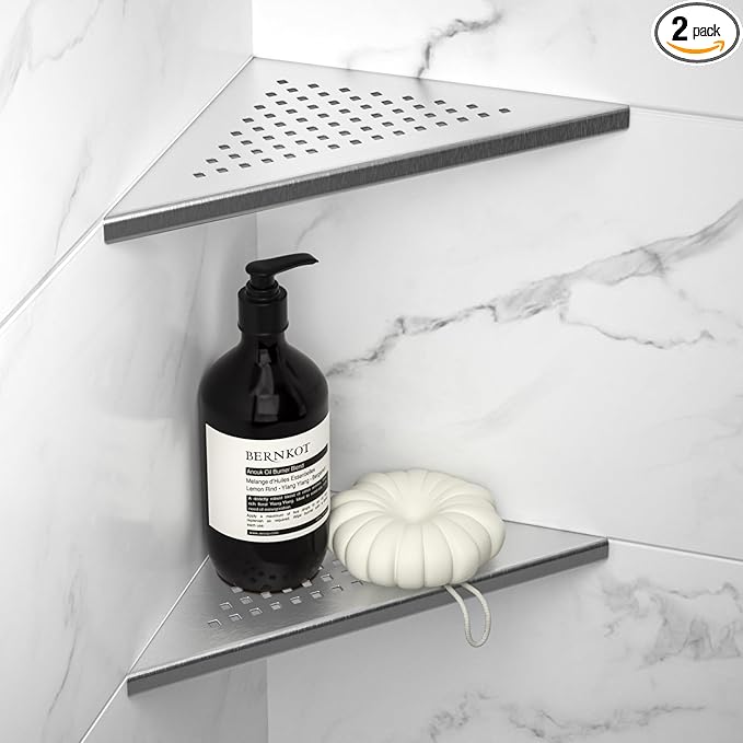 8'' Corner Shower Shelf 2 Pack, 304 Stainless Steel Grout in Shelves for Tiled Wall, Recessed Bathroom Shelf Rack, No Drilling Needed (8'', Silver)