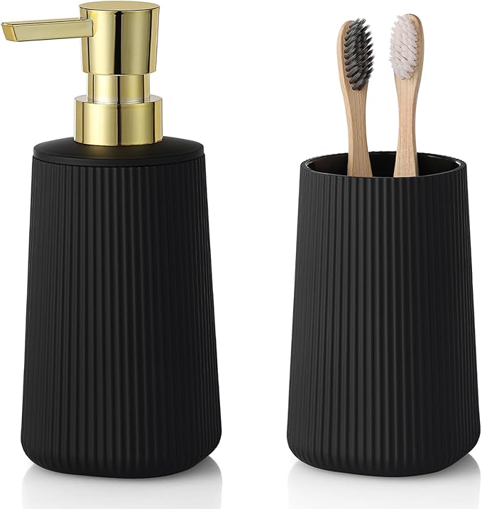 Black and Gold Striped Bathroom Accessories 2 Piece Set Soap Dispenser and Toothbrush Holder