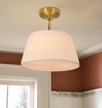 Electro bp; 12.6”Dia White Pleated Fabric Drum Shade Ceiling Light Fixture Farmhouse Brocade Linen Cone Shape Close to Semi-Flush Mount,Polished Gold,2 Sockets,E26,120W;