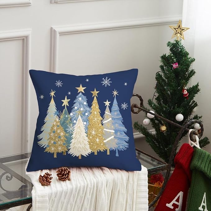 AACORS Christmas Pillow Cover 18X18 Inch Watercolor Christmas Tree Stars Decoration Holiday Farmhouse Winter Pillow Case for Sofa Couch Decor（Blue） AA608-18