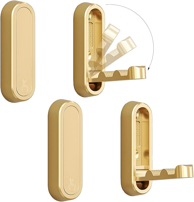 4PCS Folding Coat Hook, Heavy Duty Wall Hooks Made of Zinc Alloy, Foldable Gold Wall Hooks for Hanging Coats, Scarves, Hats, Bathrobes, Keys, Bags (Gold)