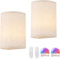 Adhesive Battery Operated Wall Sconce Set of 2, 5000 mAh Battery Rechargeable Bulb with 12 RGB Colors, Stick on Wall Sconce No Drill Wall Lights, Linen