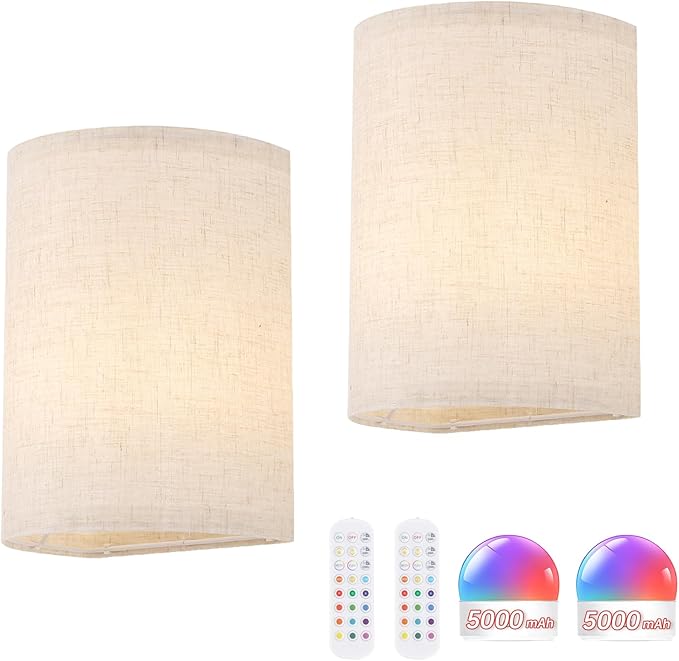Adhesive Battery Operated Wall Sconce Set of 2, 5000 mAh Battery Rechargeable Bulb with 12 RGB Colors, Stick on Wall Sconce No Drill Wall Lights, Linen