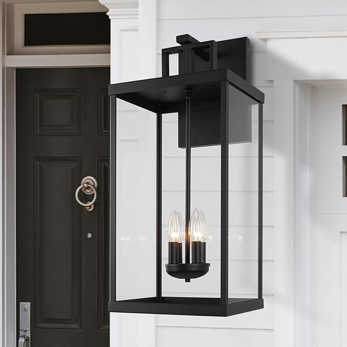 25'' Outdoor Wall Lantern, 4-Light Modern Large Exterior Wall Sconce Light Fixtures, Black Porch Light with Glass, Waterproof Outside Lighting for Patio Front Door Entryway