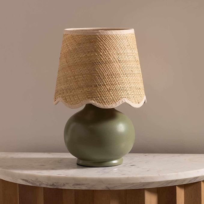 BoutiqueRugs Navarro Boho Ceramic Bedside Table Lamp for Bedroom Nightstand and Living Room - Shade Rattan - Green, Beige - 13" H