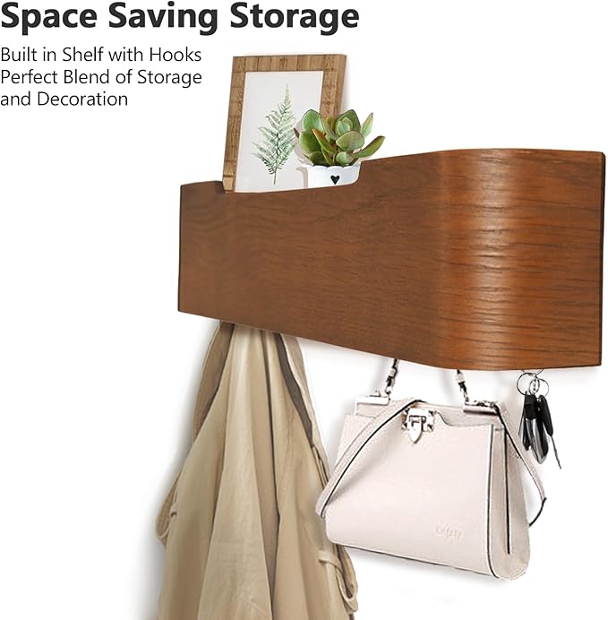Coat Rack Wall Mount with Hidden Hooks Entryway Hanging Shelf Modern Wood Coat Hanger for Bedroom Kitchen Hallway Bathroom (Walnut, 16.6 Inch Long)