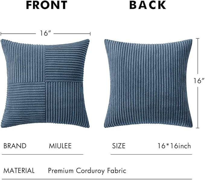 MIULEE Blue Corduroy Pillow Covers Pack of 2 Boho Decorative Spliced Throw Pillow Covers Soft Solid Couch Pillowcases Cross Patchwork Textured Cushion Covers for Living Room Bed Sofa 16x16 inch