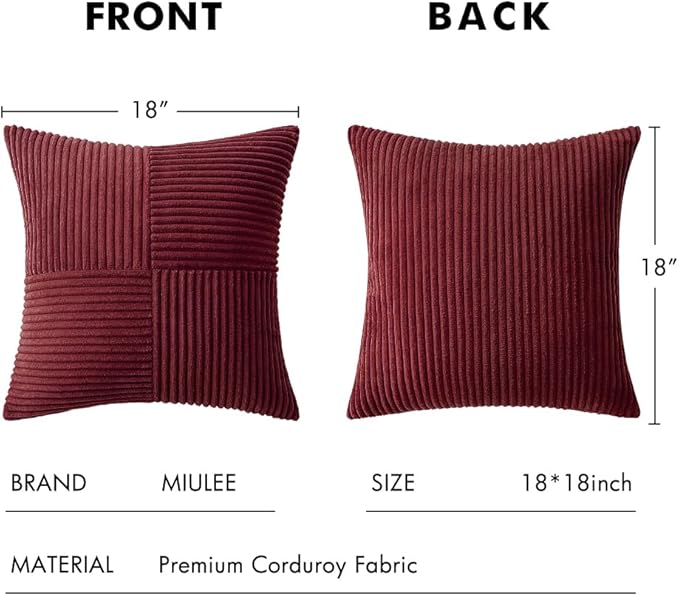MIULEE Christmas Burgundy Corduroy Pillow Covers Pack of 2 Boho Decorative Spliced Throw Pillow Covers Soft Solid Couch Pillowcases Cross Patchwork Cushion Covers for Living Room Bed Sofa 18x18 inch