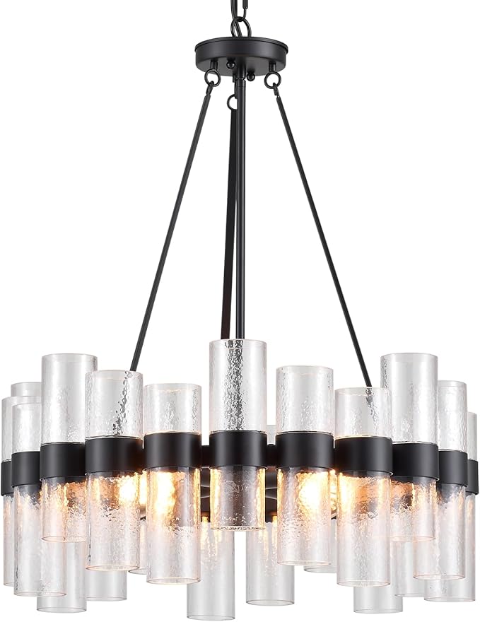 Dia 24 Inch Black Modern Chandelier for Dining Room, Glass Chandeliers for Bedroom, 4-Light Rustic Chandeliers, Large Pendant Light for Living Room Foyer Entryway