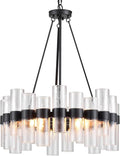 Dia 24 Inch Black Modern Chandelier for Dining Room, Glass Chandeliers for Bedroom, 4-Light Rustic Chandeliers, Large Pendant Light for Living Room Foyer Entryway