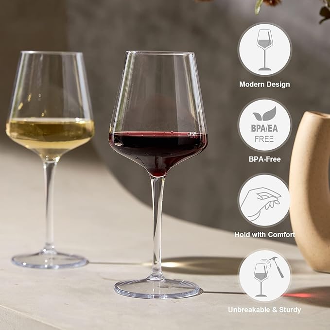 MICHLEY Floating Wine Glasses for Pool 15 OZ Unbreakable Tritan Plastic Stemmed Red Wine Glasses Ideal for Beach Bar Camping Dishwasher Safe, Set of 4