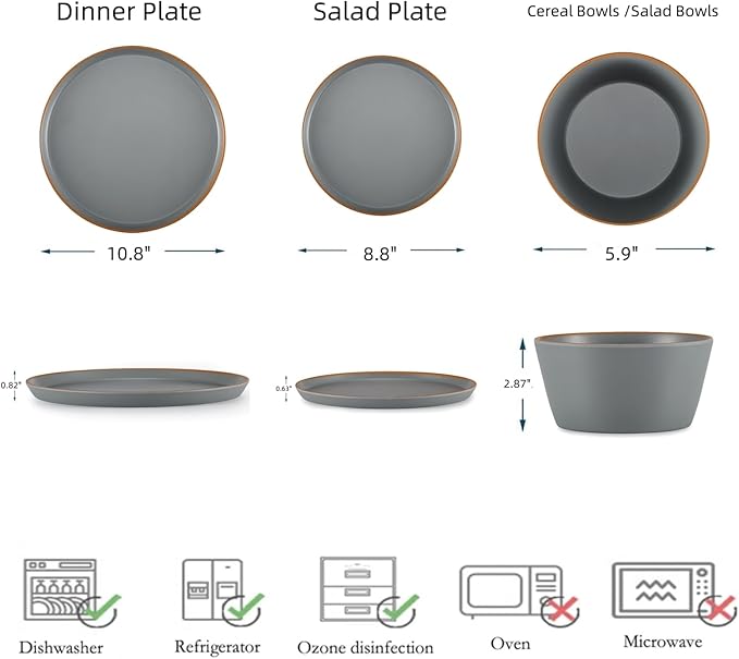 Melamine Dinnerware for 4, 12 Pieces Unbreakable Matte Plastic Plates and Bowls set, Kitchen Dish set BPA Free, Dishwasher Top Safe, Not Microwave, Not Oven (Grey)