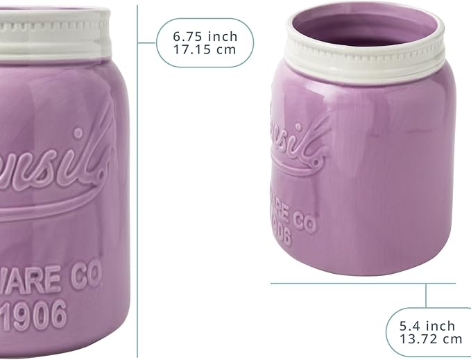 Comfify Wide Mouth Mason Jar Utensil Holder Decorative Kitchenware Organizer Crock, Dishwasher Safe - Kitchen Caddy Purple, Large Size 7" Hight