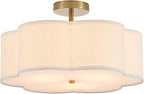 Modern Semi Flush Mount Ceiling Light Modern Gold 3-Lights Drum Ceiling Lighting Fixture Vintage Linen Golden Ceiling Lamp for Laundry Room, Kitchen, Basement, Dining Room, Bedroom