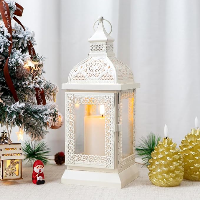 TRIROCKS Rustic Style Metal Candle Lantern 13'' High Decorative Outdoor Lantern Candle Holder with Tempered Glass for Thanksgiving Christmas Living Room Garden Patio Parties Indoors Outdoors (Cream)