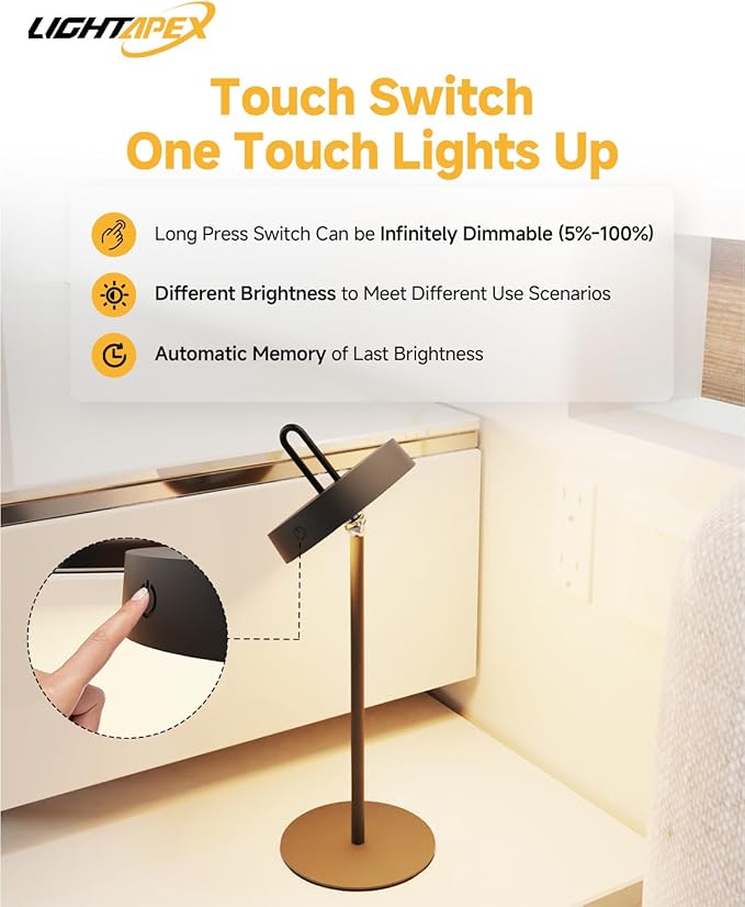 Lightapex Cordless Table Lamps, 2-Pack, Rechargeable Portable Lamps with Stepless Dimming, Touch Control, Detachable Magnetic Design for Bedroom, Living Room, and Reading（Black）