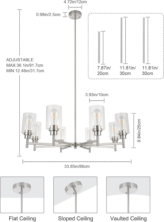 Brushed Nickel Chandeliers for Dining Room, Farmhouse Chandeliers Light Fixture with Clear Glass Shades 8 Light Dining Room Light Fixtures Pendant Lights for Kitchen Island Living Room