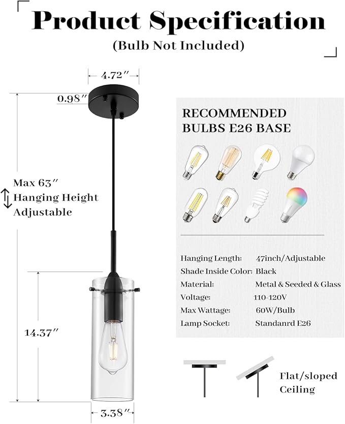 Black Pendant Lights Kitchen Island 3 Packs, Glass Pendant Light, Modern Clear Glass Pendant Light Fixture, Pendant Lights for Kitchen Island, Bedroom, Living Room, Bathroom