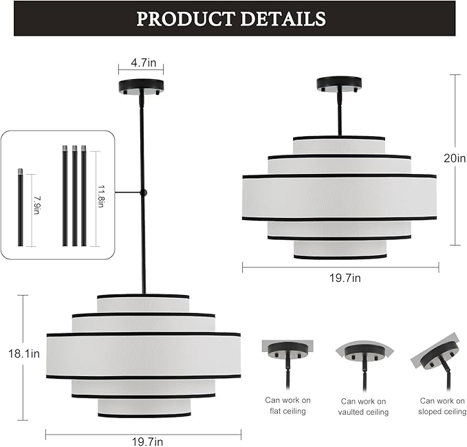 19.7" Black Drum Chandelier with White Linen Lampshade 4-Light Modern Farmhouse Chandelier Light Fixture for Living Room, Dining Room, Kitchen Island, Foyer, Entryway Bedroom