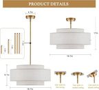 Modern 19.7" Drum Chandelier 4-Lights Vintage Modern Chandelier Light Fixture with Linen Shade Retro Farmhouse Drum Chandeliers for Dining Room, Kitchen Island, Living Room, Bedroom