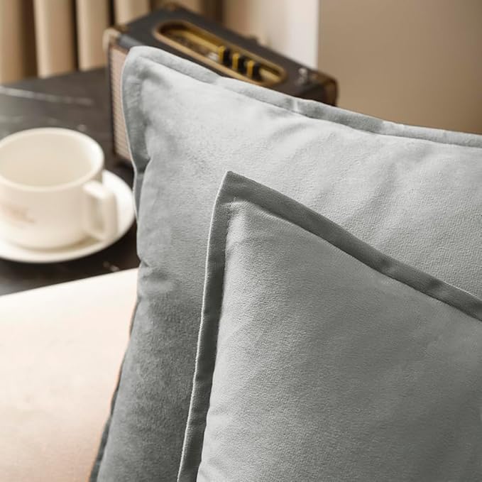 VAKADO Throw Pillow Covers 16x16 Set of 2 Grey Velvet Decor Decorative Couch Cushion Autumn Fall Euro Pillowcases with Fringe Home Bed Decoration for Sofa Bedroom Office