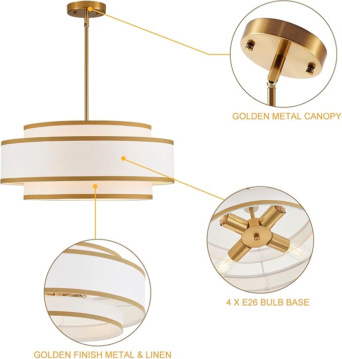 19.7" Gold Drum Chandelier with White Linen Lampshade 4-Light Modern Farmhouse Chandelier Light Fixture for Dining Room, Kitchen Island, Foyer Entryway Bedroom