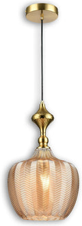 Modern Glass Pendant Light, 9.5"x16.5" Amber Sunset-Striped Light Fixture with Gold Cap, 15"-72" Adjustable Line, E26 Socket for Kitchen Island or Hallway – Sunset Gold Tulip