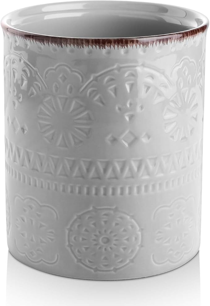 DOWAN 7.2" Kitchen Utensil Holder, Extra Large Farmhouse Utensil Holders for Countertop, Ceramic Utensil Crock, Anti Slip Cork Bottom (Gray, 7.2 Inch)