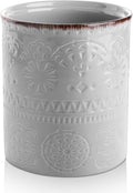 DOWAN 7.2" Kitchen Utensil Holder, Extra Large Farmhouse Utensil Holders for Countertop, Ceramic Utensil Crock, Anti Slip Cork Bottom (Gray, 7.2 Inch)