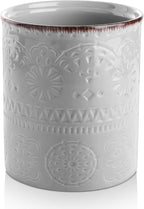 DOWAN 7.2" Kitchen Utensil Holder, Extra Large Farmhouse Utensil Holders for Countertop, Ceramic Utensil Crock, Anti Slip Cork Bottom (Gray, 7.2 Inch)