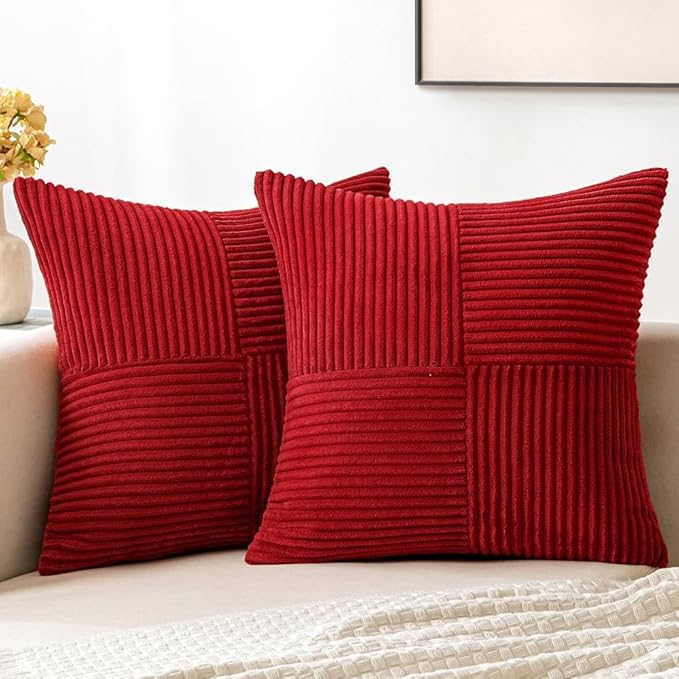 MIULEE Christmas Red Corduroy Pillow Covers Pack of 2 Boho Decorative Spliced Throw Pillow Covers Soft Solid Couch Pillowcases Cross Patchwork Cushion Covers for Living Room Bed Sofa 20x20 inch