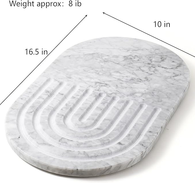 16.5"x9.8" Dual-Sided White Marble Cutting Board for Kitchen - Oval Stone Chopping Board with Anti-Slip Silicone Feet