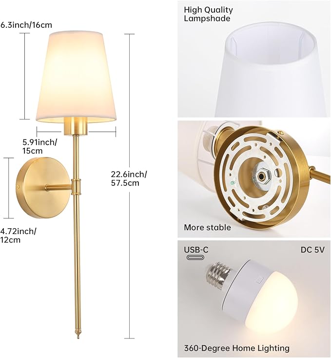 Battery Operated Wall Sconce, 120H Usage Time 22.6" Rechargeable Wall Light with Dimmable Bulb, 12 Colors Wall Sconce for Bedroom Living Room, Gold