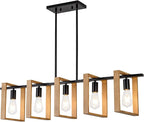 Dining Room Chandelier Farmhouse Kitchen Island Lights Ceiling Hanging 5 Lights Wood and Black Light Fixture Rustic Pendant Lighting 41.3"