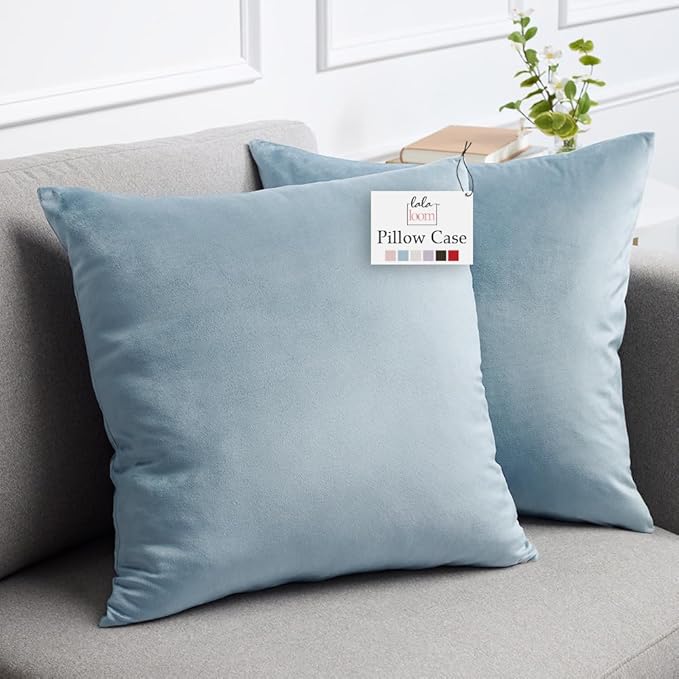lalaLOOM Velvet Throw Pillow Covers, Set of 2 Decorative Square Pillows Home Decor, Soft Accent Cases, Silky Machine Washable Pillowcases for Sofa, Couch, Bedroom, Living Room, 16x16, Light Blue