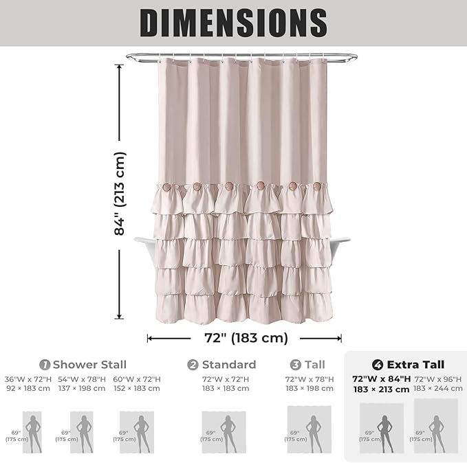 Seasonwood Beige Shower Curtain 84inch Ruffle Long Shower Curtain Cream Shower Curtains Shabby Chic Farmhouse Style Girly Shower Curtains