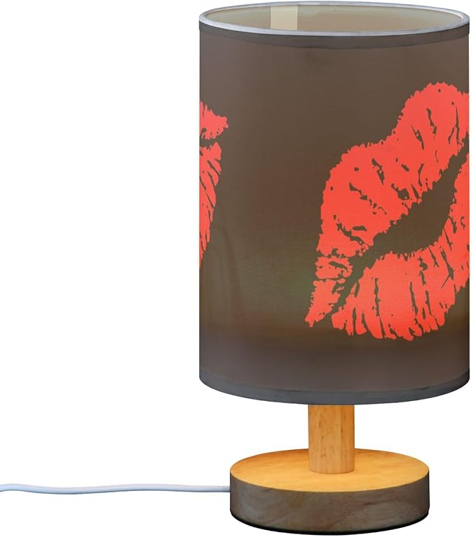 Table Lamp Sexy Red Lip on Black Nightstand Lamp with Wood Base Fabric Lamp Shade Bedside Desk Lamp for Living Room Bedroom Kids Room Office