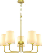 Farmhouse Chandelier, 5-Light Gold Chandelier with White Fabric Shade, Height Adjustable Modern Dining Room Light Fixture with E26 Base for Bedroom Foyer Hallway Entryway Kitchen Living Room