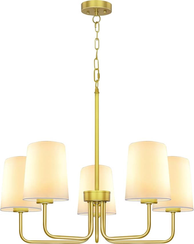 Farmhouse Chandelier, 5-Light Gold Chandelier with White Fabric Shade, Height Adjustable Modern Dining Room Light Fixture with E26 Base for Bedroom Foyer Hallway Entryway Kitchen Living Room