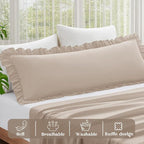KKJIAF Ruffle Body Pillow Cases Set of 1, Ruffled Pillow Covers with Envelope Closure, Body Pillowcases Size of 20" x 54", Ruffled Long Pillow Shams, Khaki