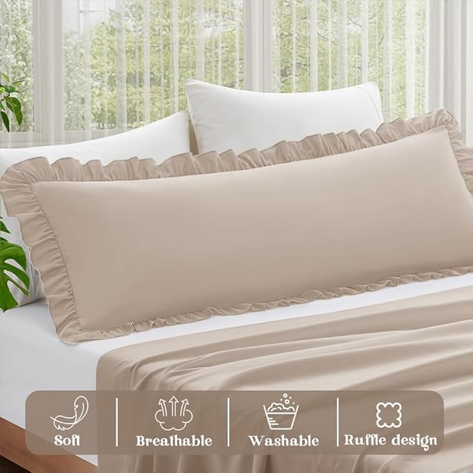 KKJIAF Ruffle Body Pillow Cases Set of 1, Ruffled Pillow Covers with Envelope Closure, Body Pillowcases Size of 20" x 54", Ruffled Long Pillow Shams, Khaki