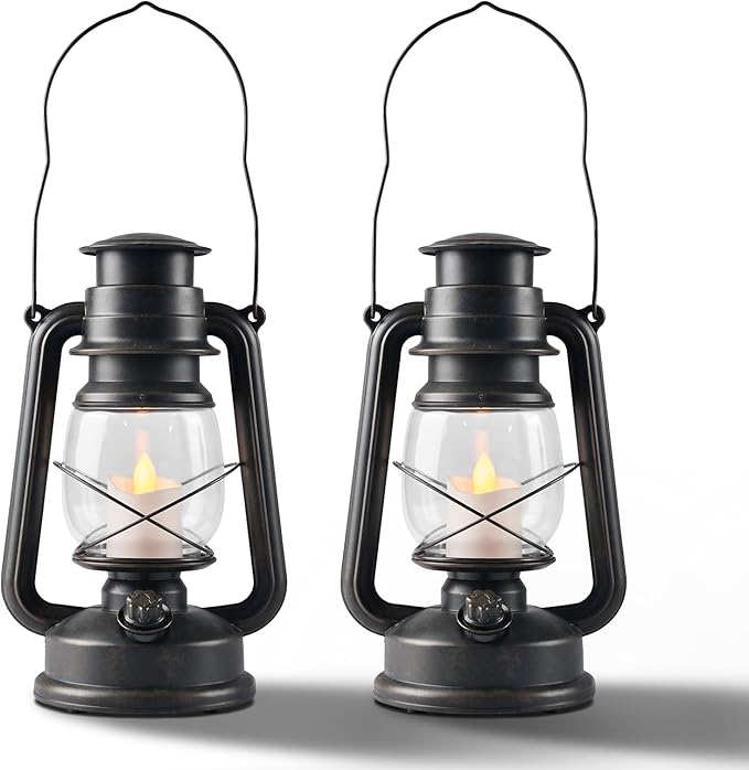 LED Vintage Lantern with Moving Flame Candle,Suitable for Home and Outdoor Usage,Antiqued Hanging Lantern,Battery Powered,6/18 Timer,2PK Bronze