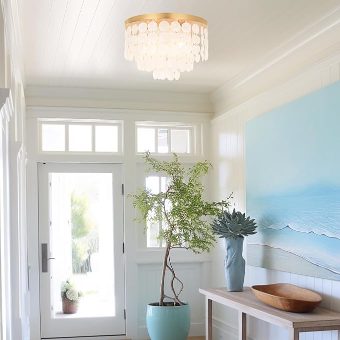 ALICE HOUSE 17.7" Capiz Shell Ceiling Light,Brushed Brass Finish, 4 Light Flush Mount Light for Bedroom, Kitchen, Dressing Room, Dining Room and Entryway AL2608-S4