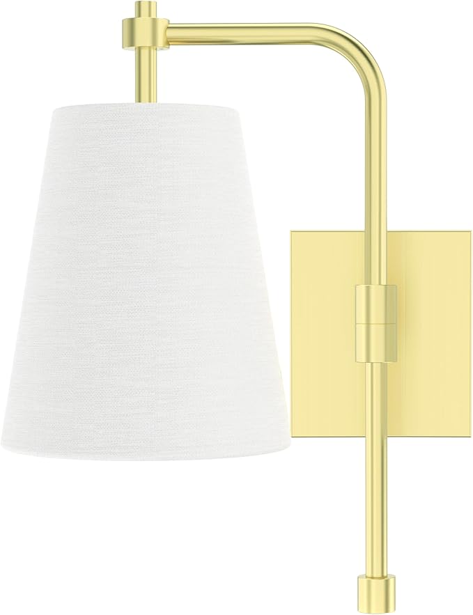 Swing Arm Wall Lamps Set of 2, Fabric Linen Shade, Hardwired Wall Mounted Light Fixture for Bedside, Living Room, Bathroom, Versatile Home Decor (Brushed Gold)