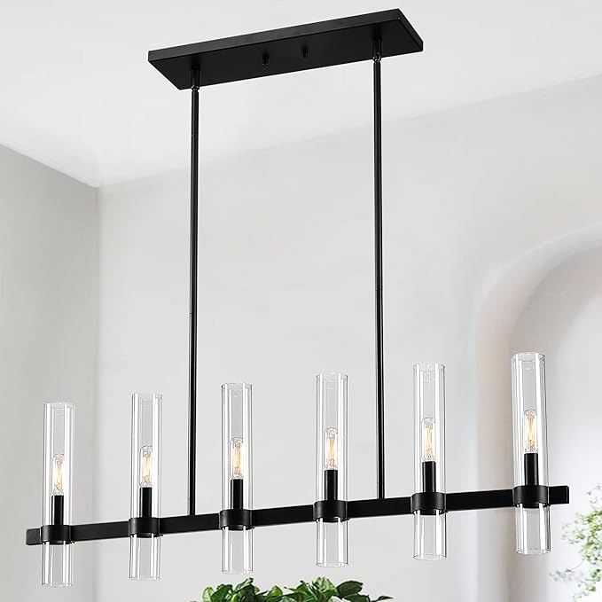 Untrammelife Modern Linear Island Light,6-Light Black Large Chandelier 36" W Rectangle Pendant Light with Clear Glass Shade,45 in Adjustable Rod Farmhouse Hanging Light Dining Room Kitchen Island