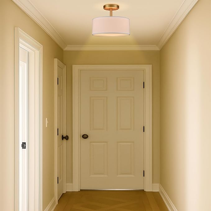 Modern Light Fixture Ceiling Mount Flush Mount Drum Ceiling Light Fixture 3 Light Gold Semi Flush Mount Ceiling Light for Hallway Bedroom Entryway Foyer Office