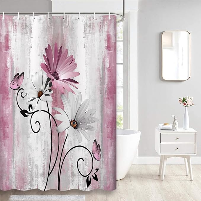 Rustic Farmhouse Shower Curtain, Farm Pink Daisy Floral Flowers and Butterfly on Country Wooden Shower Curtain for Bathroom, Pink Grey Bathroom Shower Curtains with 6PCS Hooks, 36X70IN