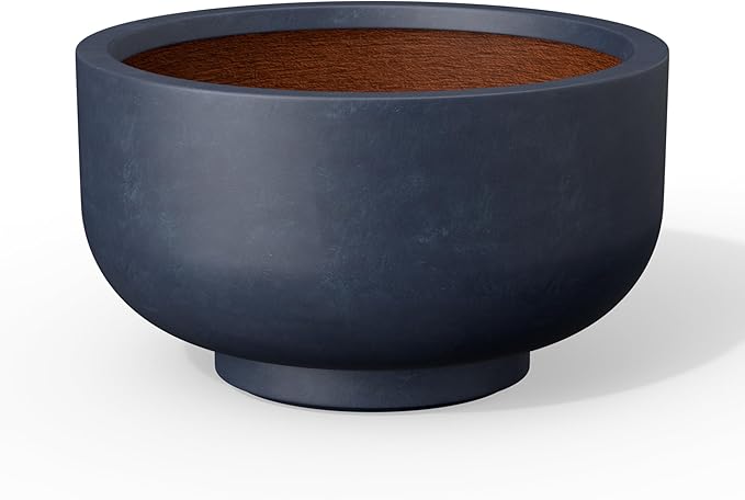 Kante 13.8 Inch Dia Concrete Bowl Planter, Large Tapered Bottom Plant Pot with Drainage, Smooth Charcoal Finish with Warm Brown Interior, Ideal for Porch, Home, Garden, Patio